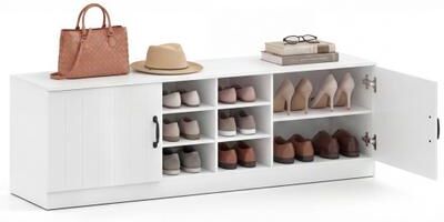Costway 2-Door Shoe Bench Storage Cabinet with Adjustable Shelves-White