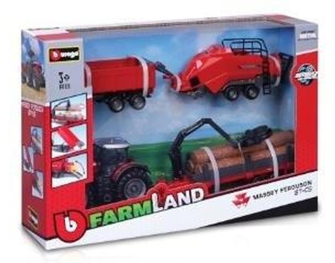 Bburago Massey Ferguson 8740s boerderijtractor met 3 aanhangwagens, 10 cm