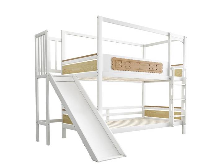 Modfu Etagenbett aus Kiefer 90x200 cm in Weiß mit Rutsche & Sicherheitsleiter, Holz, 90x200 cm, Babymöbel & Kindermöbel, Kinderzimmer & Jugendzimmer, Stockbetten