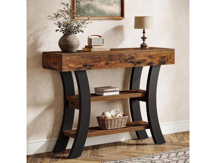 Table Console Industrielle à 3 Niveaux - Finmind - avec étagères de Rangement - 105 x 30 x 80 cm - Marron
