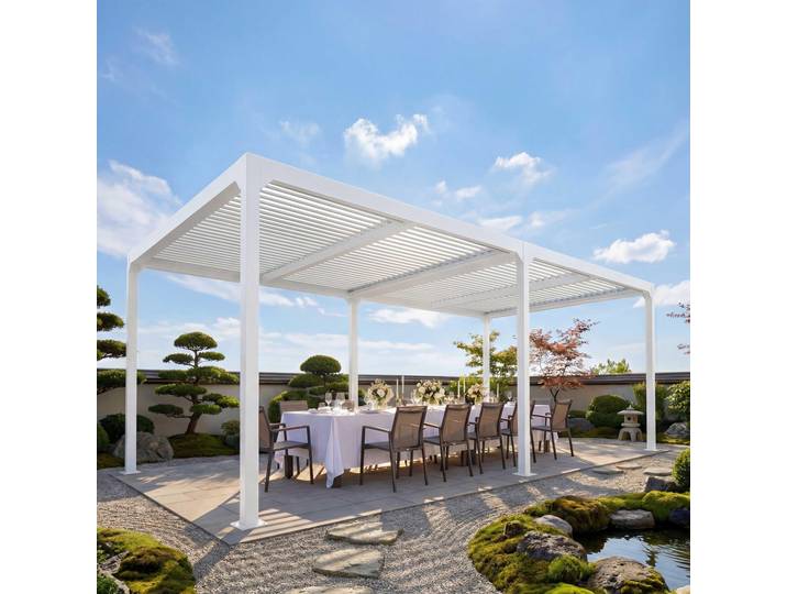 Alu Pergola HWC-L41, Lamellen-Pavillon Terrassenüberdachung, stabiles 8cm-Metall-Gestell 3x6m weiß