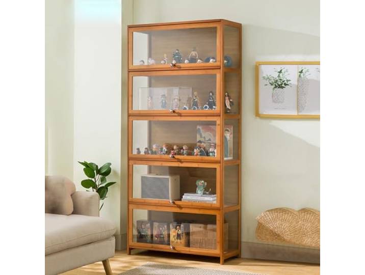 Vitrinenschrank Bambus-Aufbewahrungsschrank, Vitrine mit AcryltüR, Curio-SchräNke, Flip-Schranktür-Design, ist staubdicht und leicht zu reinigen Sich für Schlafzimme Eckvitrine-Coffee(80×32×172cm)