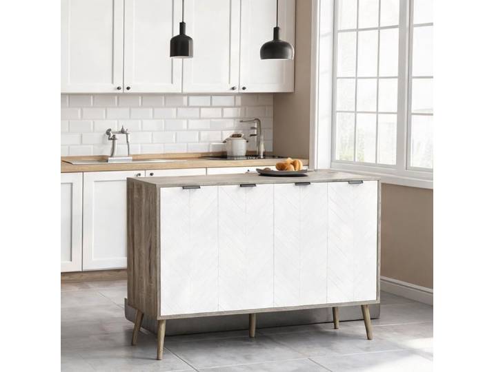 Meuble de rangement bas en panneau de particules finition blanc et gris motif chevrons 120x35x77 4 cm avec étagères ajustables