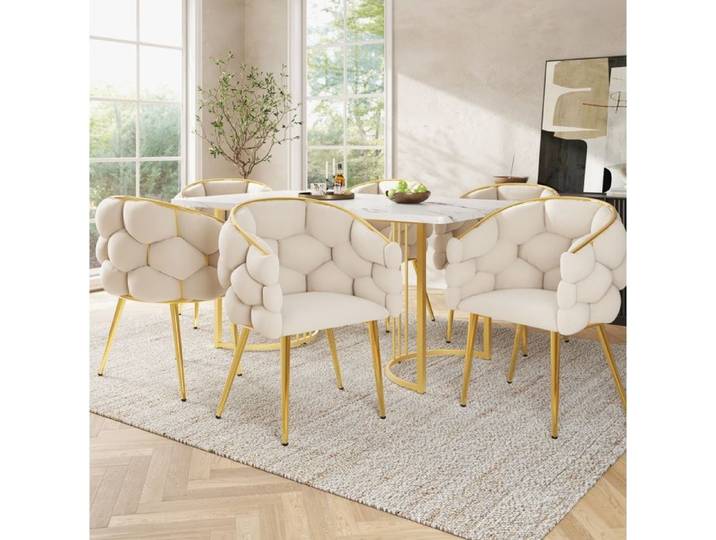 MEUBLIV Ensemble table à manger 7 pièces 140 x 80 cm effet marbre métal doré MDF et velours