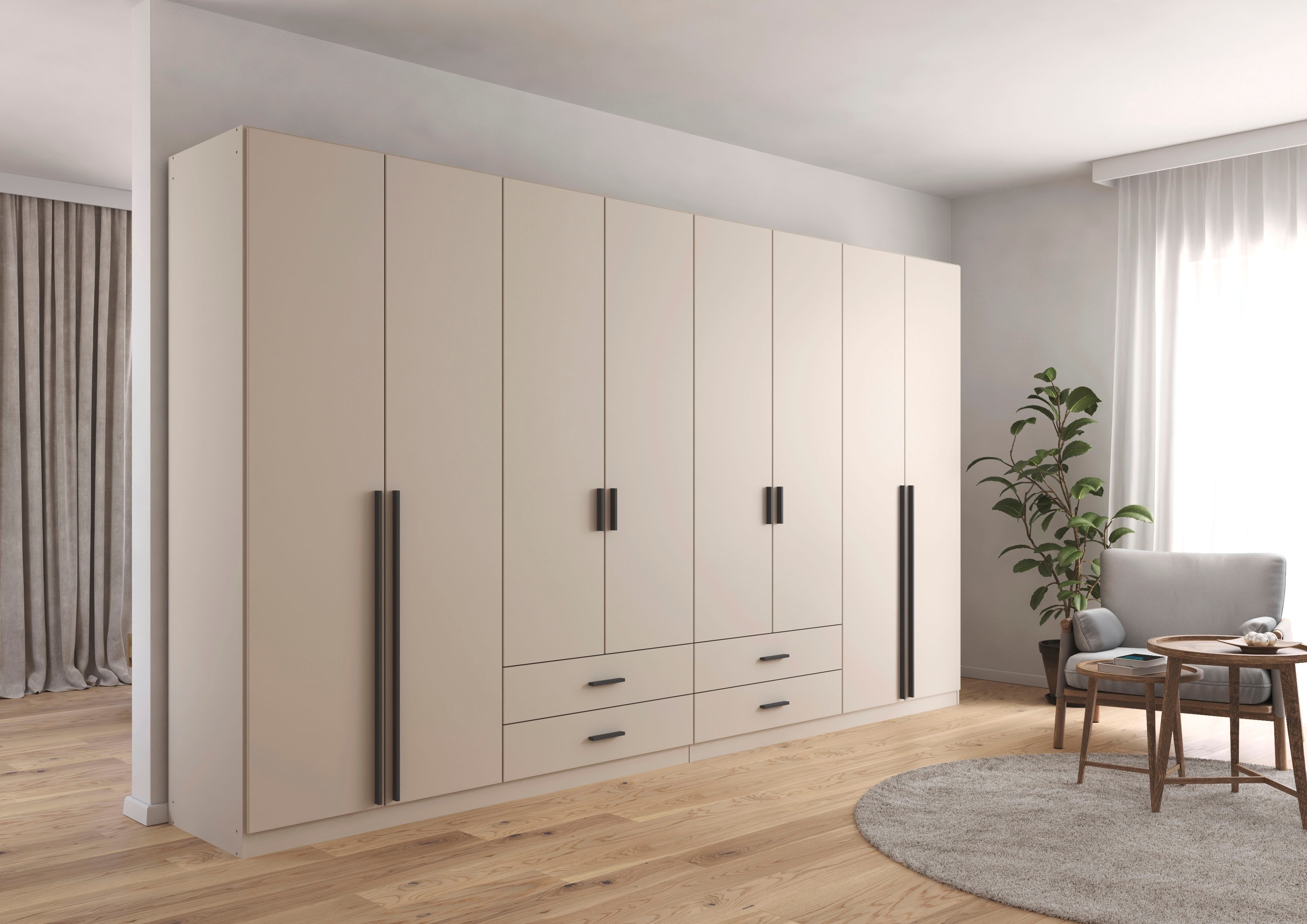 Drehtürenschrank RAUCH "Kleiderschrank Garderobe GAMMA Breiten 360 cm", beige (beige (champagner), griffstangen graumetallic), Schränke, Kinder, B/H/T: 360cm x 210cm x 54cm, Classic, Holzwerkstoff, Drehtürenschrank, mit Schubladen, verschiedene Griff-Vari