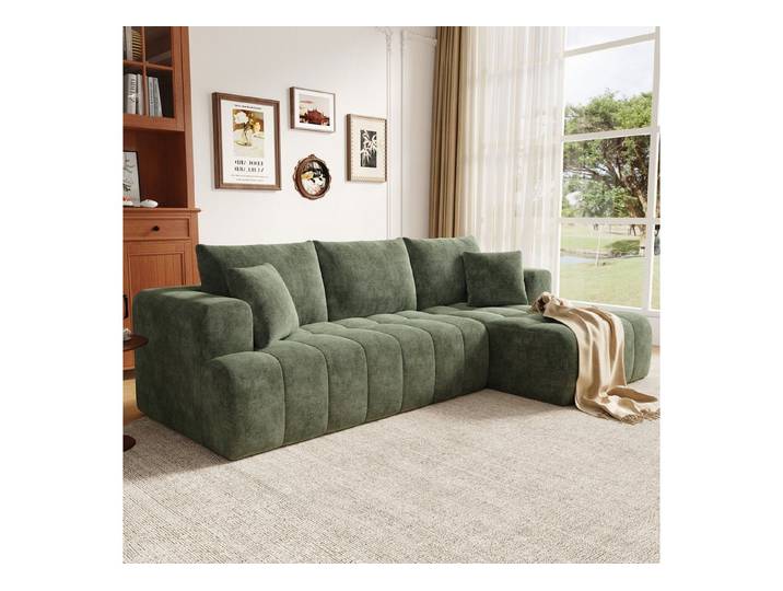 MODFU Schlafsofa Cloud-Design, 244,5x79x136 cm, bodennah, Ohne Montage, für Wohnzimmer & Apartments 1 Teile, Ecksofa in Grün aus Chenille, modular