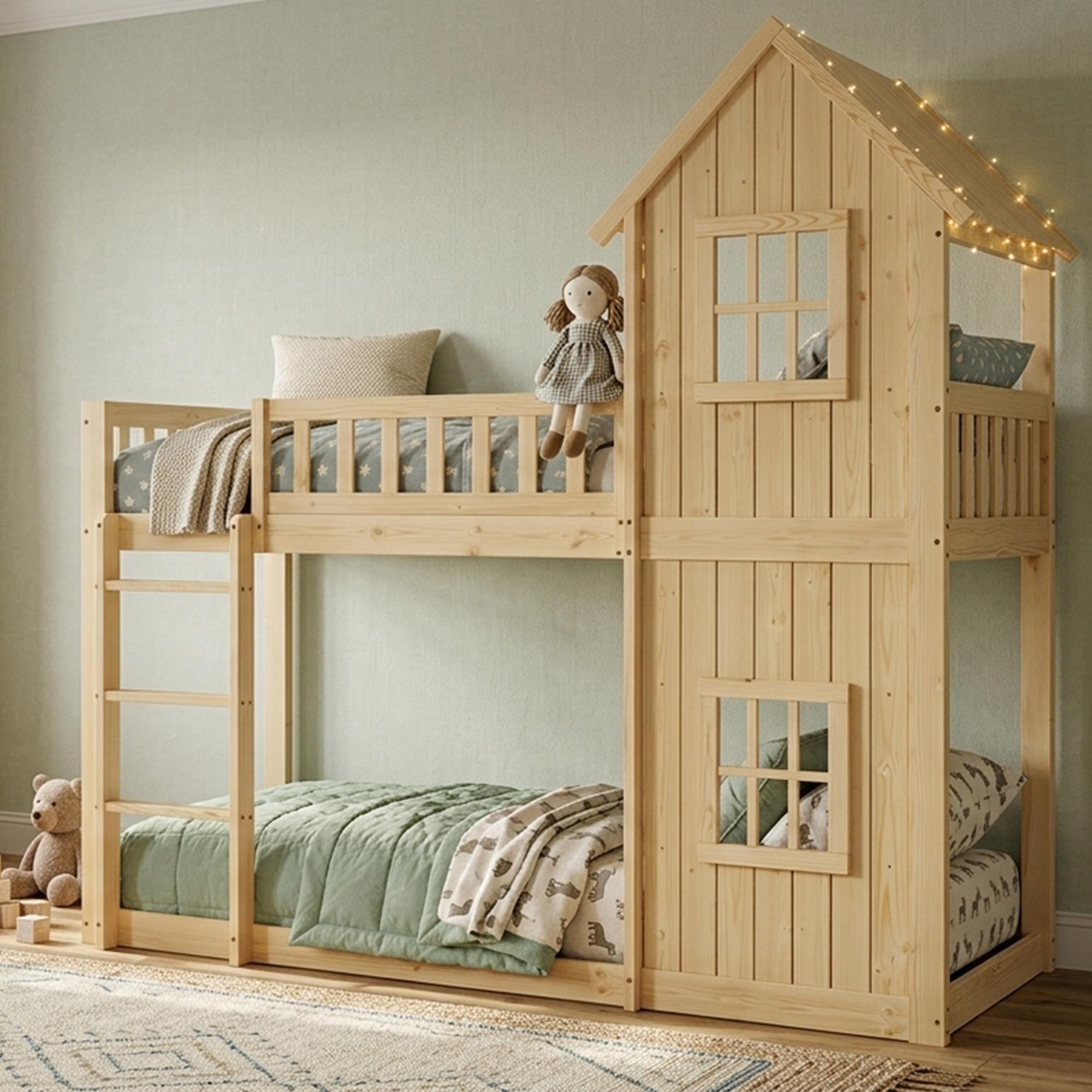 okwish Kinderbett 90×200 mit zwei Matratze und zwei Fenstern, Etagenbett mit Sicherheitsgeländer, Hausbett für das Kinderzimmer in Natur