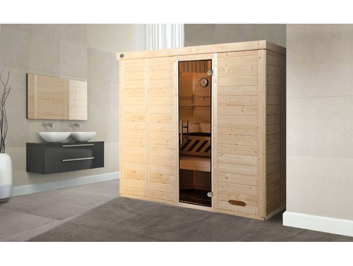 Sauna WEKA Design-Sauna KEMI 5 , beige (natur), ohne Ofen, ohne Steuerung, (ohne Ofen), Saunen, Sauna, Blockbohlen, moderne Ganzglastür