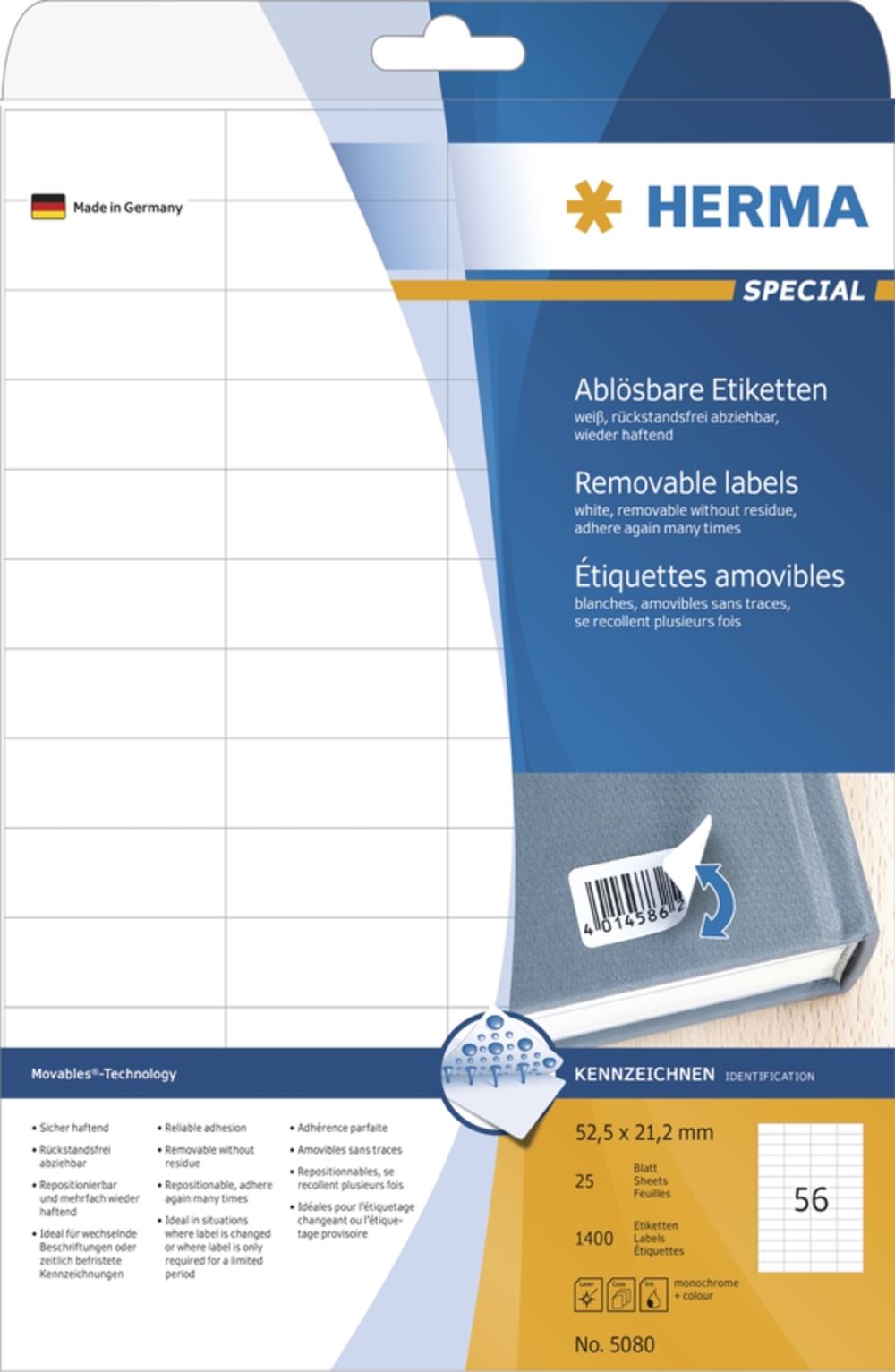 Herma 5080 ablösbar Universal-Etiketten 5.25x2.12 cm (25 Blatt (1400 Etiketten))