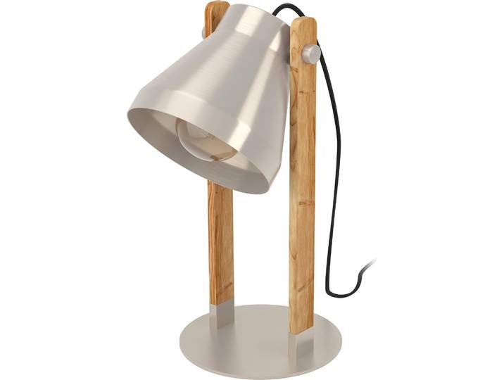EGLO Lampe de table Cawton\, lampe de chevet rustique avec spot orientable\, lampe de table en acier et bois flammé\, lampe de table\, douille E27