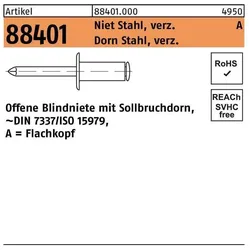 Nieten, Blindniete R 88401 Flachkopf 6,4 x 25 Niet Stahl verzinkt/Dorn Stahl verzinkt