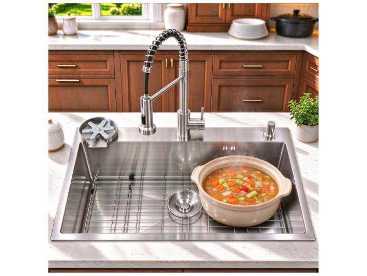 Spüle Küchenspülen Für Den Unterbau Und Aufsatz, 1 Becken Einbauspüle Edelstahl, Mit Abtropffläche, Ablaufgarnitur Und Überlauf-Kit, Küchenarmatur mit ausziehbarem Brausekopf