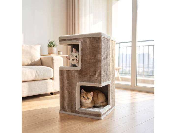PawHut Tonneau Chat 3 Étages avec Griffoir et 2 Niches Intérieur