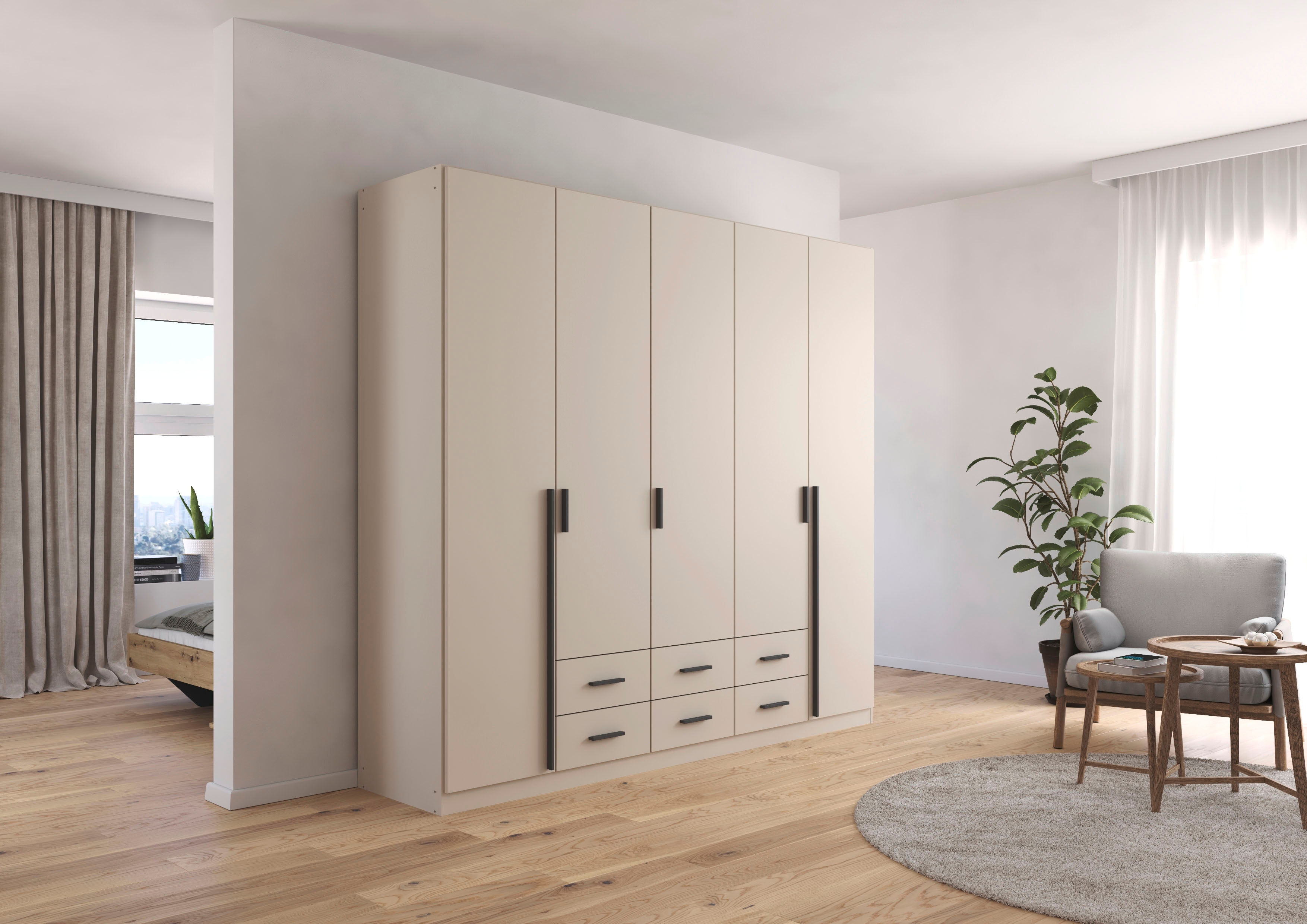 Drehtürenschrank RAUCH "Kleiderschrank Garderobe GAMMA Breiten 226 cm", beige (beige (champagner), griffstangen graumetallic), Schränke, Kinder, B/H/T: 226cm x 210cm x 54cm, Premium, Holzwerkstoff, Drehtürenschrank, mit Schubladen, verschiedene Griff-Vari