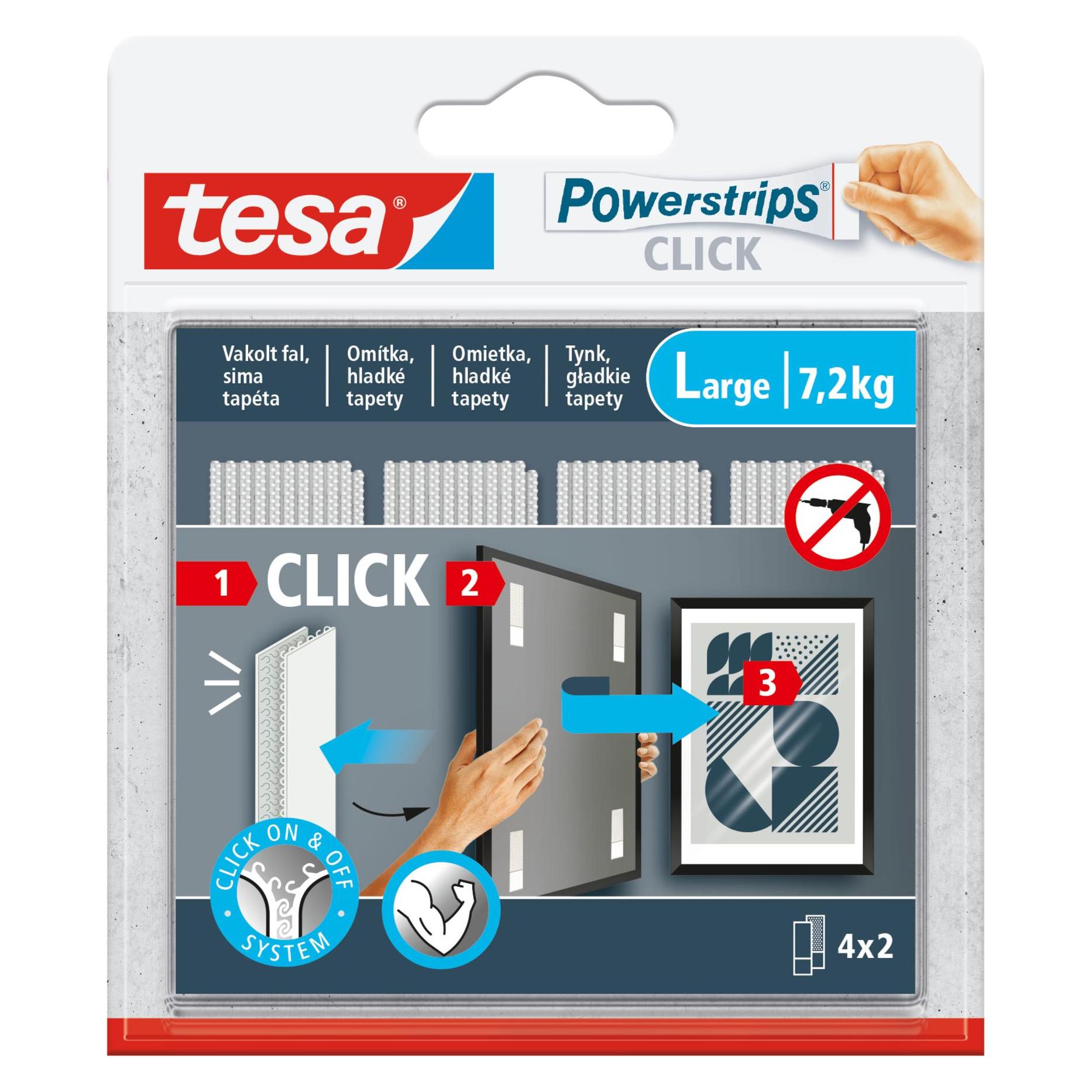 tesa Powerstrips CLICK - Klett-Klebepads - Bilder aufhängen ohne Bohren - Large 7,2kg - 4 x 2 Stück (77722-00000-00)