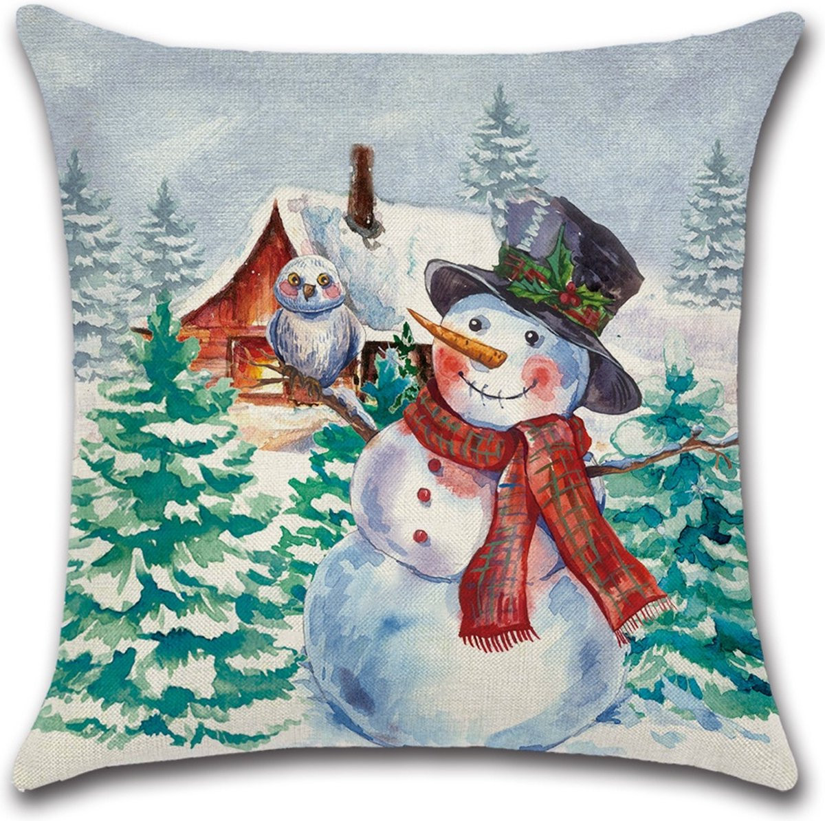 Kussenhoes Kerst met Sneeuwpop en Uil