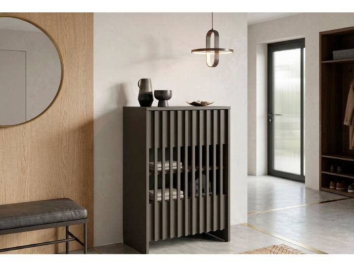 GOODproduct MURET, multifunktionale Kommode, 4 Fächer und 2 Türen, Lamellenfronten Masse B/T/H: 60/35,4/87 cm, Kommode mit viel Stauraum, Masse B/T/H: 60/35,4/87 cm