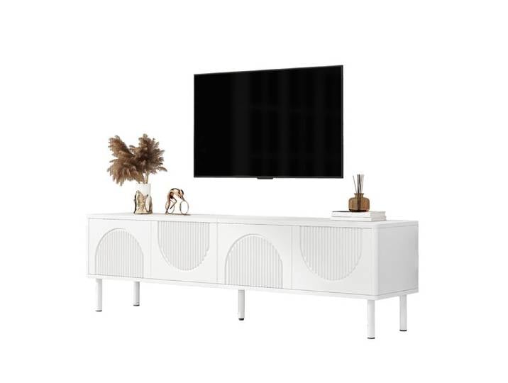 Meuble TV 180 cm Maisentiel - 4 compartiments fermés et passe-câbles portes 3D surface mate - Blanc