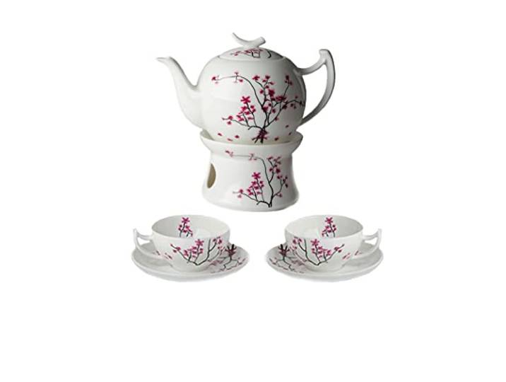Dekomiro Teeservice Cherry Blossom TeaLogic Tekanne 1L mit 2 Teetassen mit Untertasse 0,18 l und passendem Stövchen