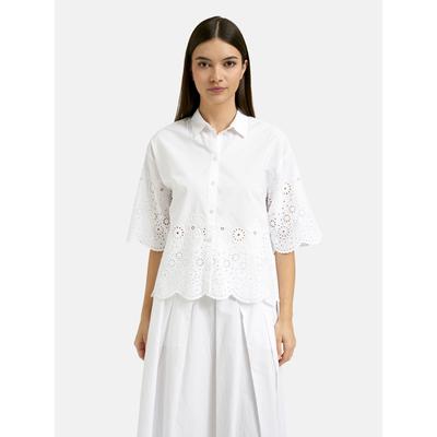 Kurzarmbluse SMITH & SOUL, Damen, Gr. L, weiß, Web, Material: 100% Baumwolle, unifarben, regular fit kurz, hoch geschlossener Ausschnitt, eingesetzt gewellter Abschluss, Blusen, aus Baumwolle