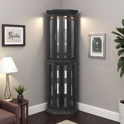 ZWYO HOSIMU "69.59""H Lighted Corner Curio Cabinet Display Shelf, Tempered Glass Doors, Adjustable Shelving, Bead Bulb Lighting, Anti-Tipping."