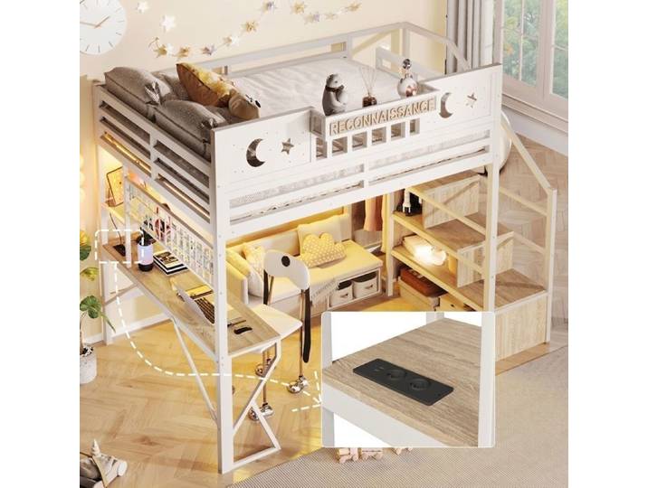 Lit Mezzanine 140x200 Métal Blanc avec Bureau LED USB et Escalier Rangement Lit Surélevé 2 Places Ado Norevia