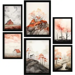 POSTER Set Mit 6 Orange Stadt A3 & A4 Schwarzer Rahmen