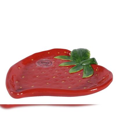 Decoris Teller 17cm Keramik in Erdbeer Form - Servierteller Dessertteller Kuchenteller Frühstücksteller Obstteller Dekoteller Früchte Geschirr Rot Grün