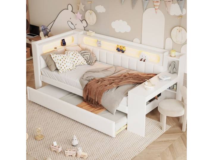 Lit - Lit de jour capitonné 90x200 cm - LED intégrée - Ports USB - Lit gigogne avec bureau