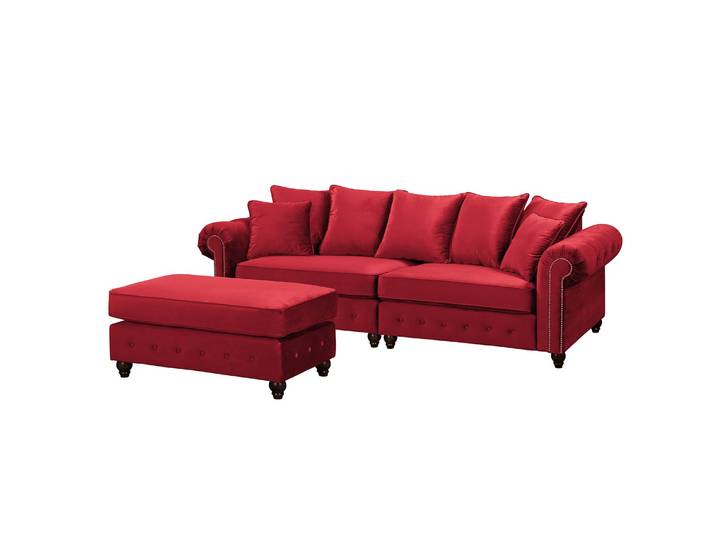 Bigsofa Rot/Rot Samt 260 x 90 x 93cm mit Hocker Glamour