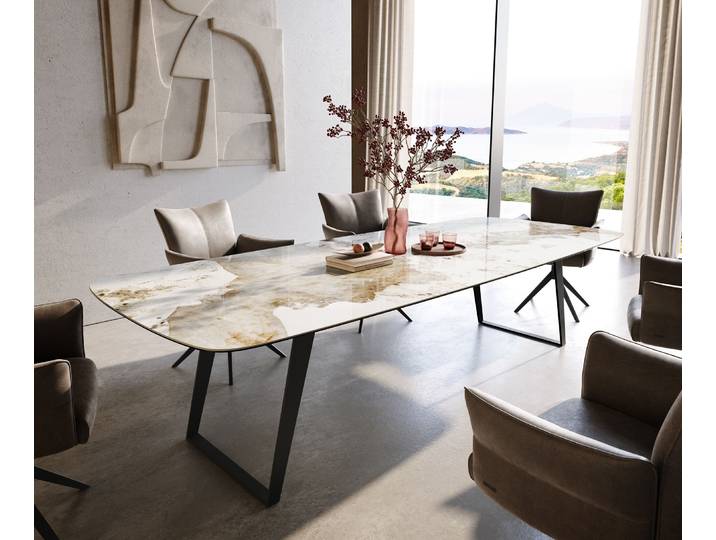 Esstisch Edge Boot 300x120 cm Keramik Minas Melange Weiß-Beige Metall Schräg Schwarz, Esstische