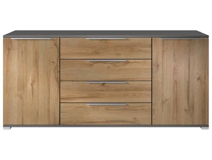 Vladon Sideboard Linio V2 – Moderne Kommode mit 2 Türen & 4 Schubladen, Anthrazit matt/Eiche Natur, 166,5 x 72,5 x 35 cm (BxHxT) – Beistellschrank Anrichte Standschrank