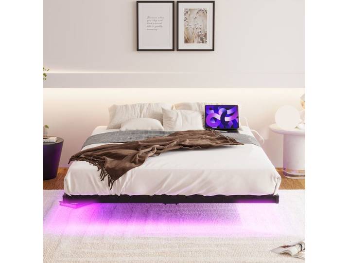 Cadre de lit - BLOSSOM - 140x200cm - Noir - LED intégrée - Design flottant