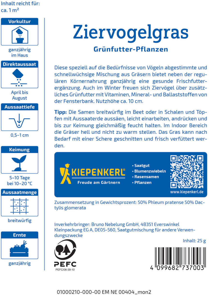 Kiepenkerl Rasensamen Ziervogelgras Frischgrün Mischung für ca. 1 m²