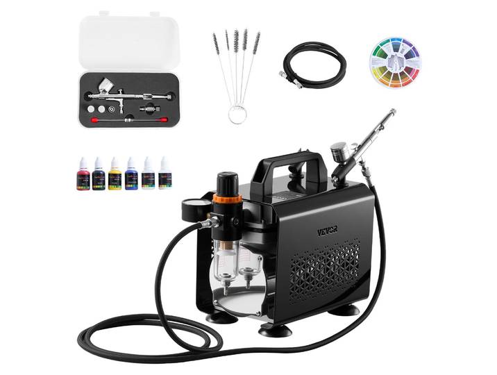 Kit aérographe VEVOR 1/6 PS avec compresseur d'air\, 1 aérographe double action avec 3 buses (0\,2/0\,3/0\,5 mm) & tuyau & peinture acrylique & pour décoration de gâteaux peinture sur modèle art des ongles silencieux