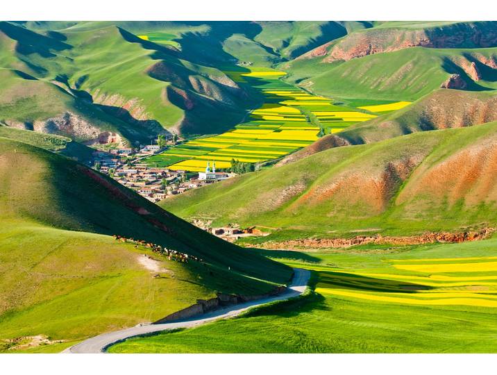 Papermoon GEBIRGE-TAL STADT BUNT BERGE LANDSCHAFT VIEH GRÜN WOLKE