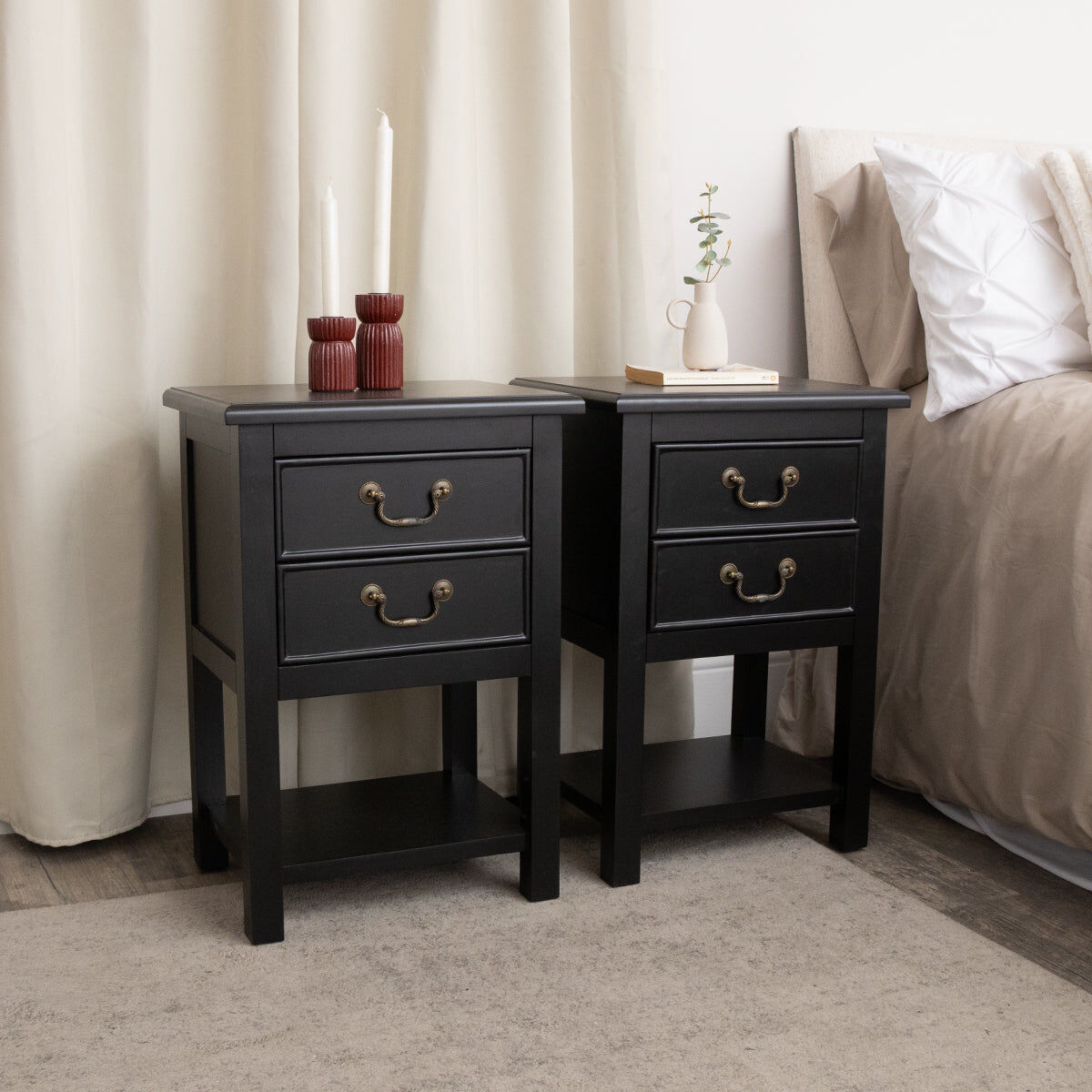 Set Of 2 Black 2 Drawer Bedside Tables with Shelf - Briggs Range Manufactured Wood, Metal