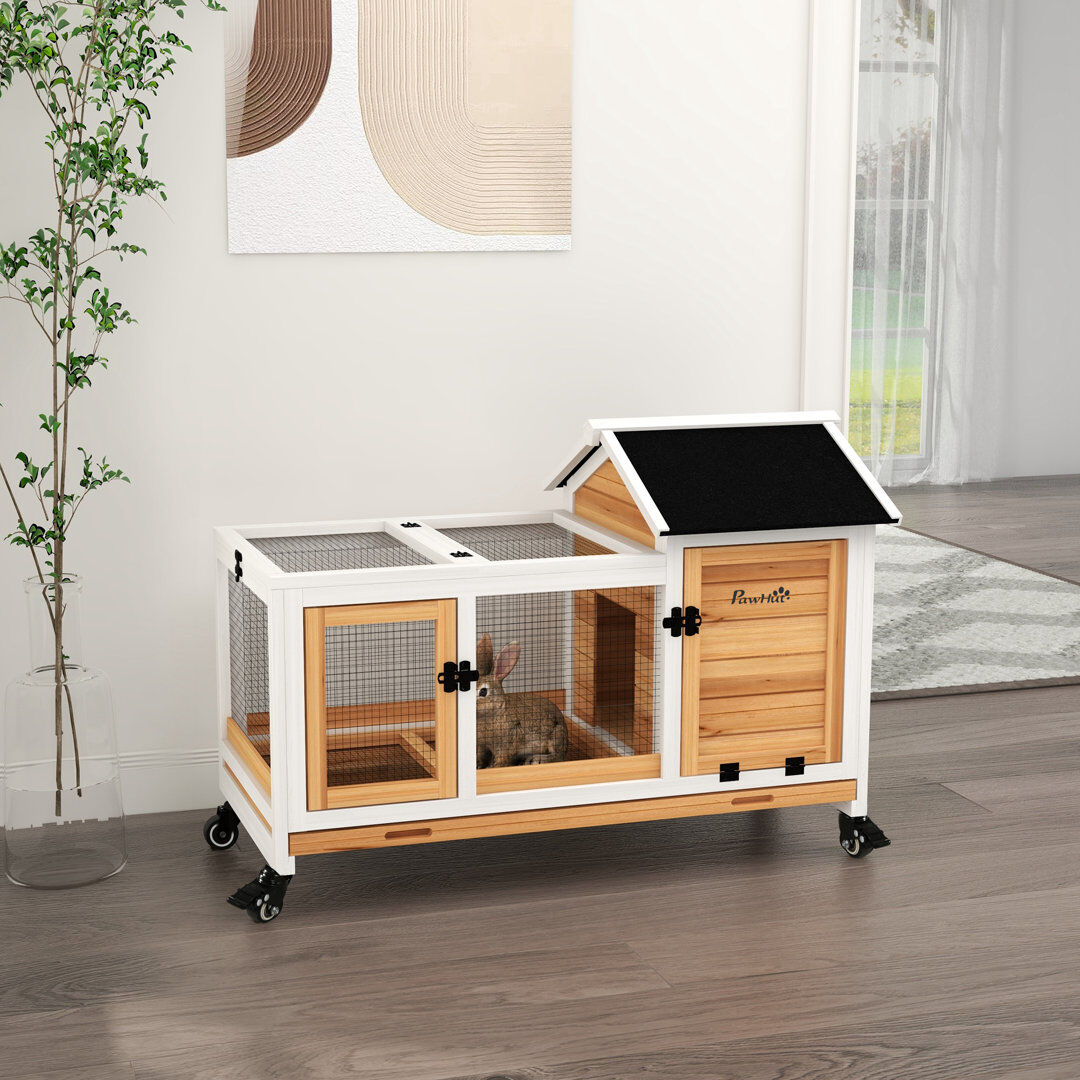 PawHut Rabbit Hutch Guinea Pig Cage with Wheels Outdoor/Indoor Wood 186.69cm H X 147.32cm W X 274.32cm D