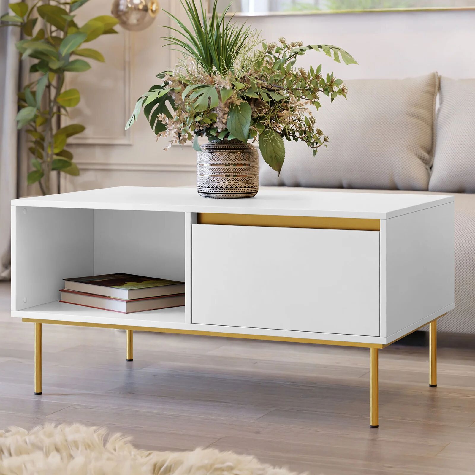 garneroarredamenti Tavolino da salotto 100x60cm 1 anta bianco oro Praga
