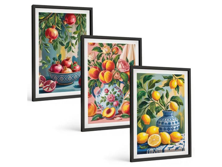 Tulup Bilder SET 3er Set - 40x60 cm Schwarzer Rahmen - Fruchtzusammensetzung von Granatäpfeln, Kunststoff, Rechteckig, 40x60 cm, einfache und schnelle Anbringung, Bilder & Rahmen, Bilder