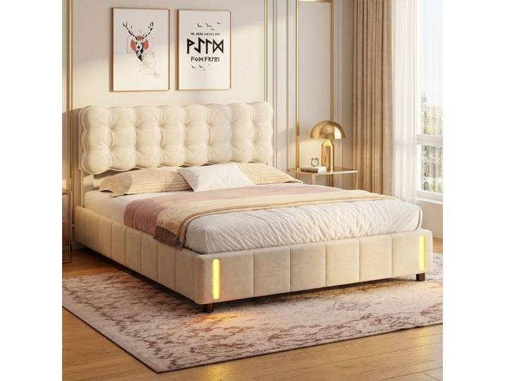 Lit coffre 160x200 cm - RWUDV - lit 160x200 - LED - lit 160x200 avec rangement - lit double - lit 160x200 avec sommier-Velours beige