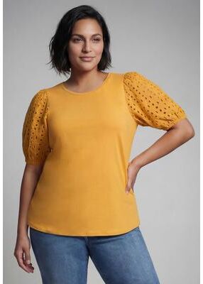 Plus Size Women's Eyelet Sleeve Tee by Avenue in Sunset Yellow (Size 34/36)