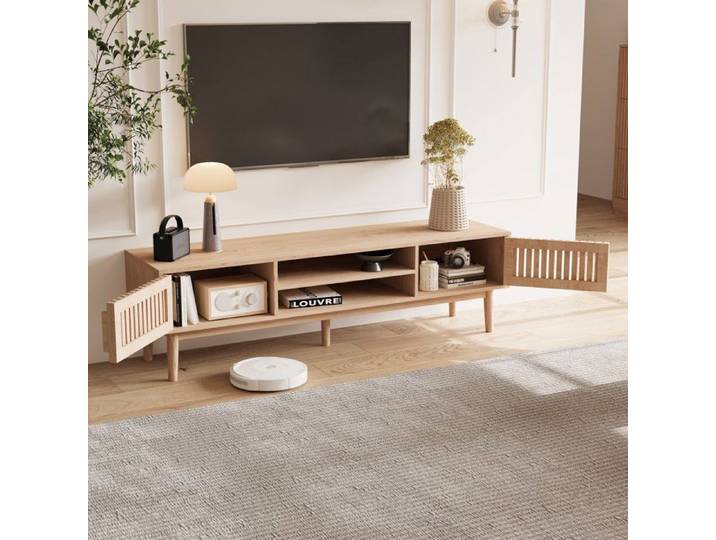Meuble TV Meuble TV bois Armoire TV 2 Portes 150x40x48 cm 2 compartiments ouverts Rangement ventilation Couleur bois clair