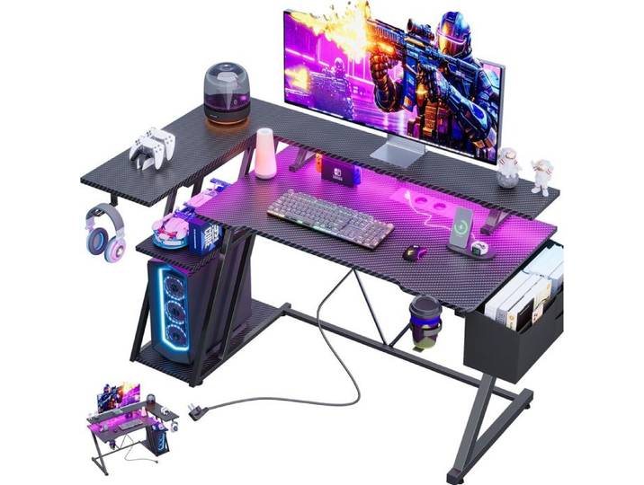Bureau Gaming LED 100x48x75 cm Bureau d'angle Gaming avec Support pour écran avec porte-gobelet et crochet Étagère à 3 Niveaux Noir