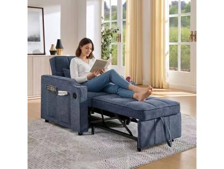 QQJIN 3-in-1 Schlafsessel mit USB, Leinenoptik, 190cm Schlafsofa mit Bettfunktion, Edelstahl-Getränkehalter, 3-Stufig Verstellbar, Seitentaschen für Kleine Räume & Gäste