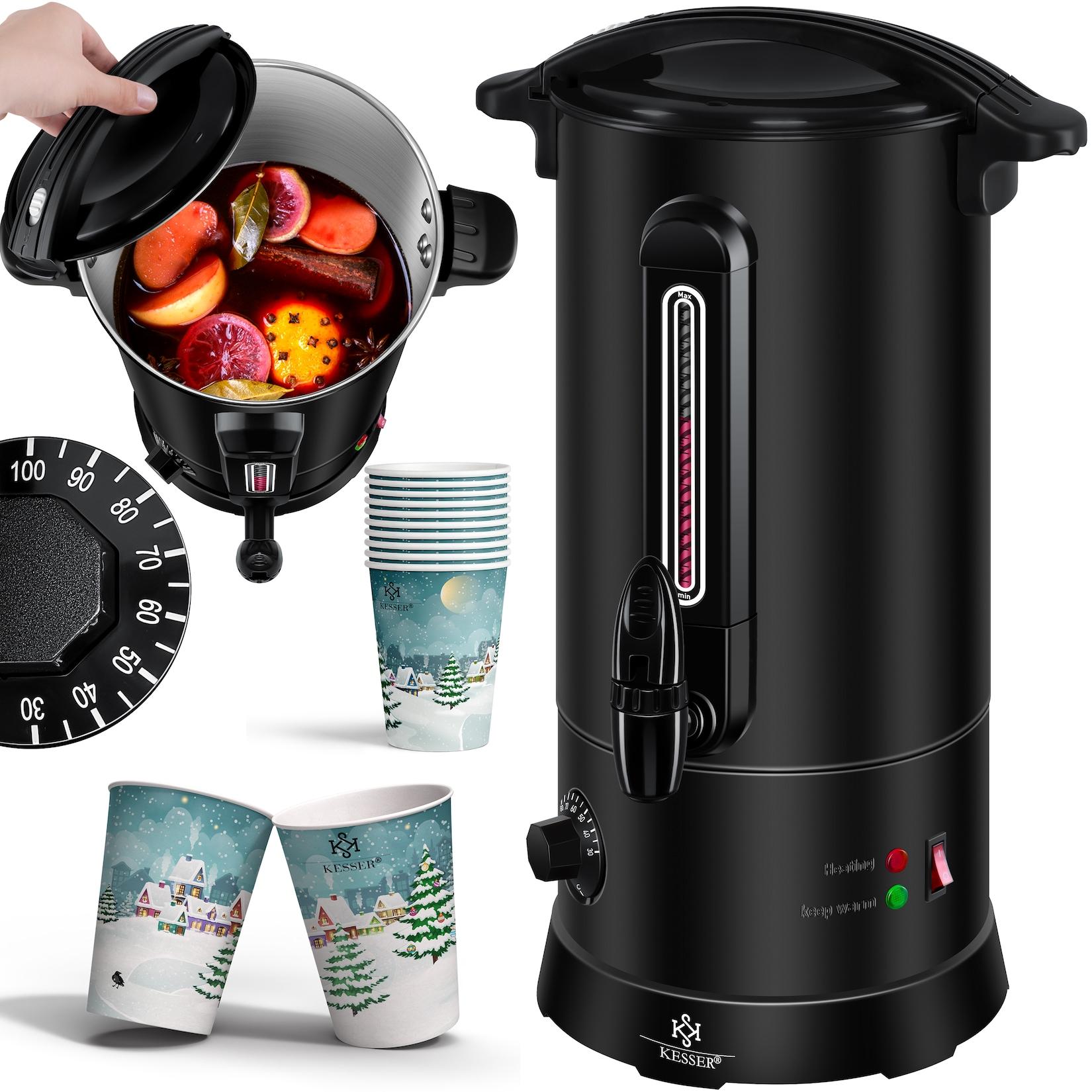 KESSER® Glühweinkessel 10L Edelstahl Inkl. 10x Becher Glühweinkocher mit Thermostat Glühweinautomat Heißgetränkeautomat Wasserkocher Heißwasserspender Einkochautomat Füllstandanzeige Zapfhahn