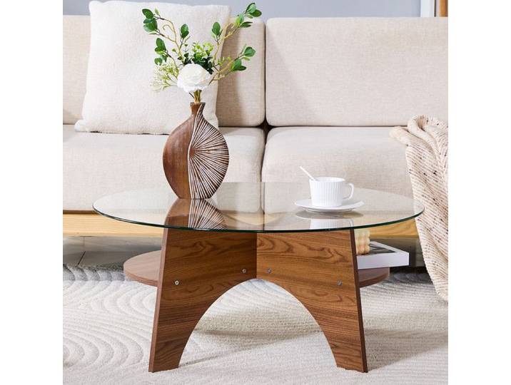 Bladez - Table d'appoint ronde de 80 cm Table basse en verre avec étagère ouverte table de salon - Noyer