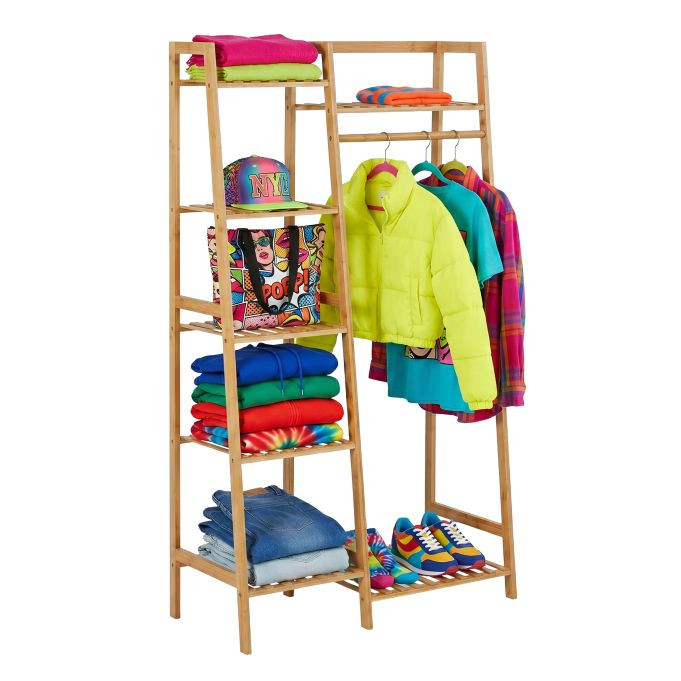 Relaxdays Bamboe kledingrek met 7 planken en kledingstang, Bruin
