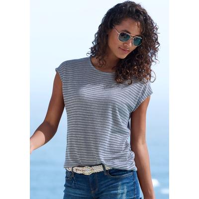 Kurzarmshirt VIVANCE "mit Streifenstruktur", Damen, Gr. 32/34, blau, Obermaterial: 65% Polyester, 35% Viskose, gestreift, lässig geschnitten normal, Rundhals, angeschnitten, Shirts, aus bügelfreier Viskose-Qualität