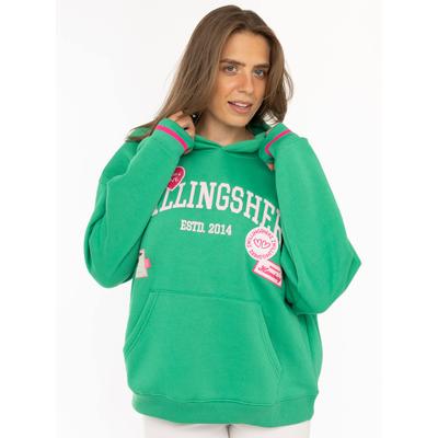 Hoodie ZWILLINGSHERZ "Zwillingsherz Patches", Damen, Gr. L, grün, Obermaterial: 50% Baumwolle, 50% Polyester, Sweatshirts Hoodie, Oversize-Fit, Kapuze, großer Schriftzug und Patches, Kängurutasche